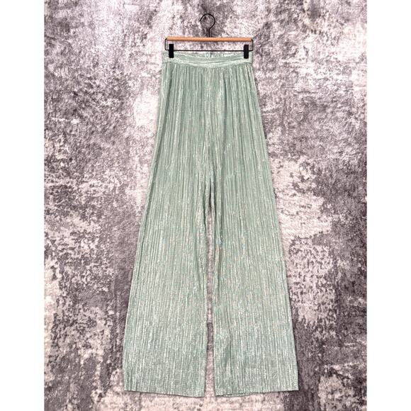 Sabina Musayev Pants Small Womens Mint Green Metallic Plisse Pleat Wide Leg - Picture 1 of 8
